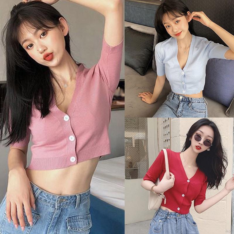 Women's Fashion V-neck Button Short Crop tops Exposed Navel Knitted Short Sleeved T-shirt Cardigan Tops