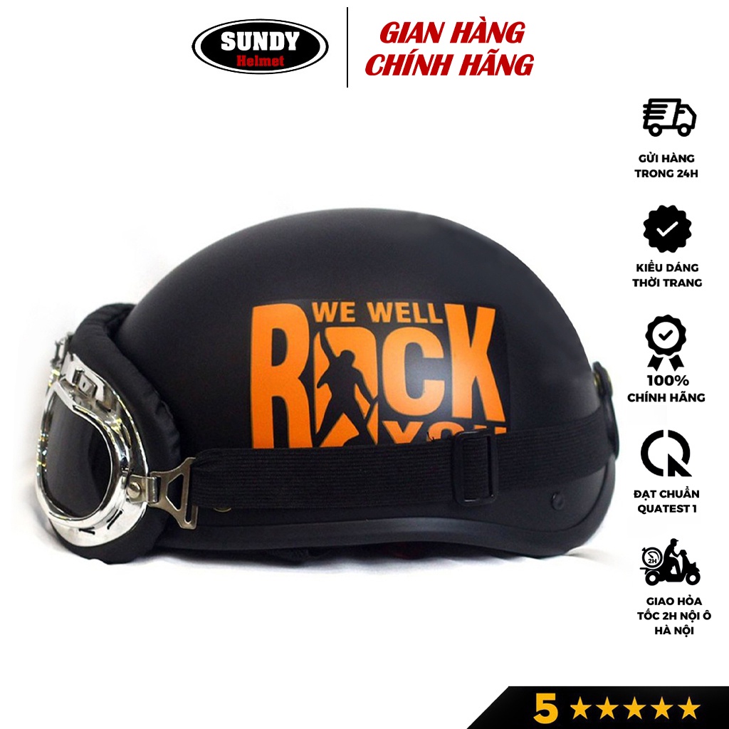 Mũ bảo hiểm 1/2 đầu SUNDY Helmets thời trang, Tem hình ROCK cá tính, Freesize (55-59cm) kèm kính UV, phi công