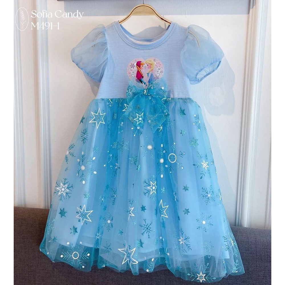 Váy công chúa esla, đầm elsa thiết kế 3 lớp tay bồng thun cotton xược phối voan 2 màu hồng xanh