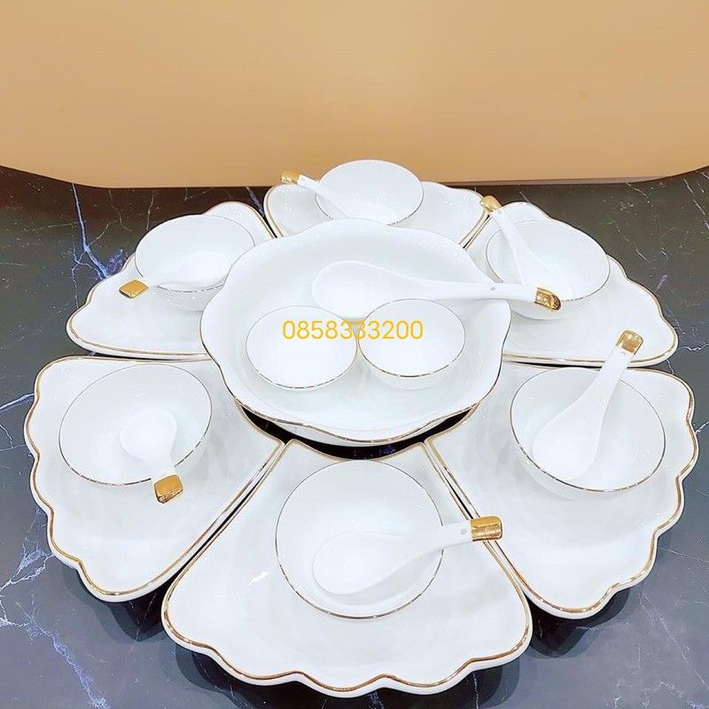 BỘ BÁT ĐĨA HOA MẶT TRỜI VẼ VÀNG, ĐK 45m, 15 món, 21 món.HÀNG SỨ BÁT TRÀNG