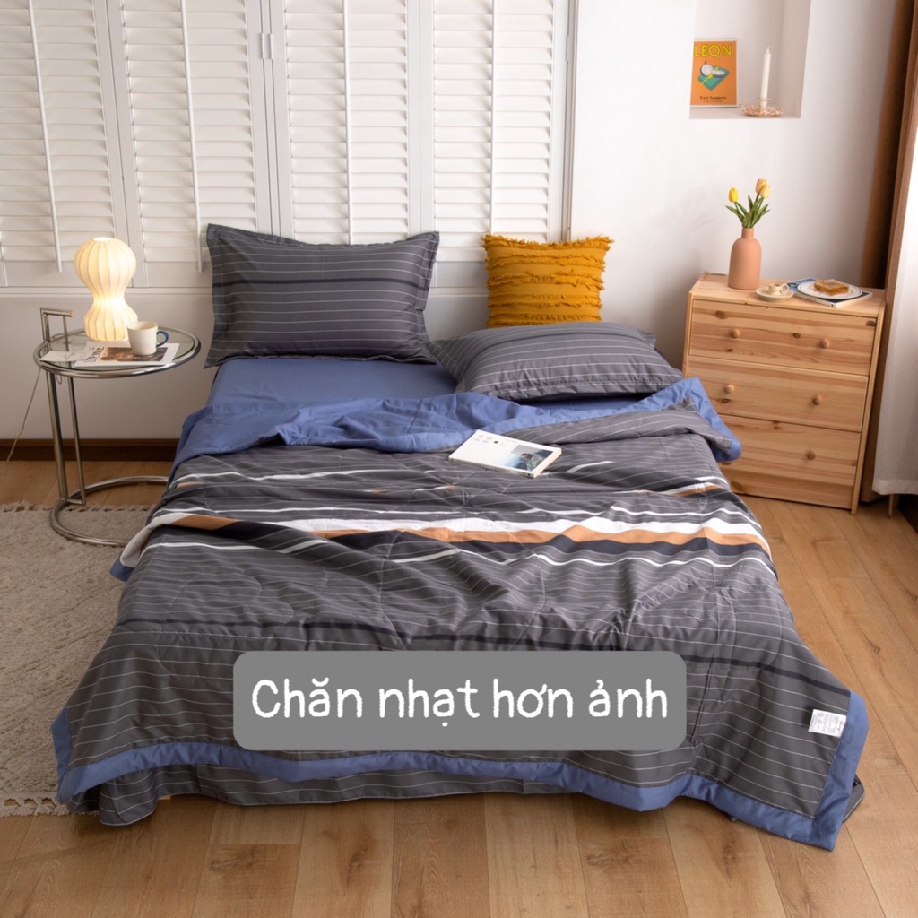 Bộ chăn ga Đũi kẻ Hàn chăn hè trần bông - sét 4 món chất  mềm và mát