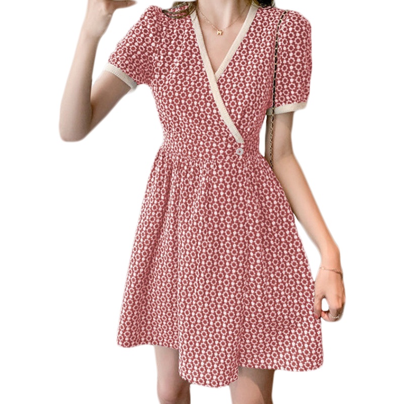 Đầm Tay Ngắn Cổ Chữ V Họa Tiết Hoa Dáng Chữ A Thời Trang Quyến Rũ Cho Nữ