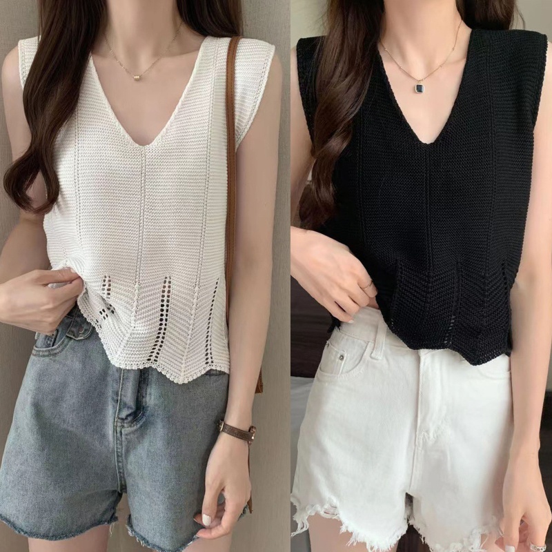 Brroa Áo Dệt Kim Sát Nách Cổ Chữ V Màu Trơn Gợi Cảm Mùa Hè Viền Lượn Sóng Cho Nữ Casu