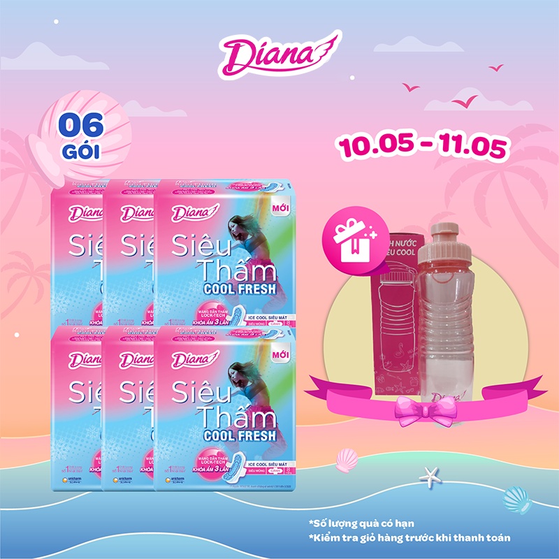 Combo 6 gói Băng Vệ Sinh Diana siêu thấm COOL FRESH cánh gói 8 miếng tặng kèm 1 Bình nước