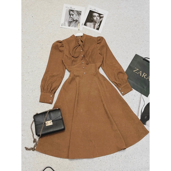 Váy thiết kế nhung tăm cổ có dây nơ dúm ngực dáng xòe tiểu thư | BigBuy360 - bigbuy360.vn