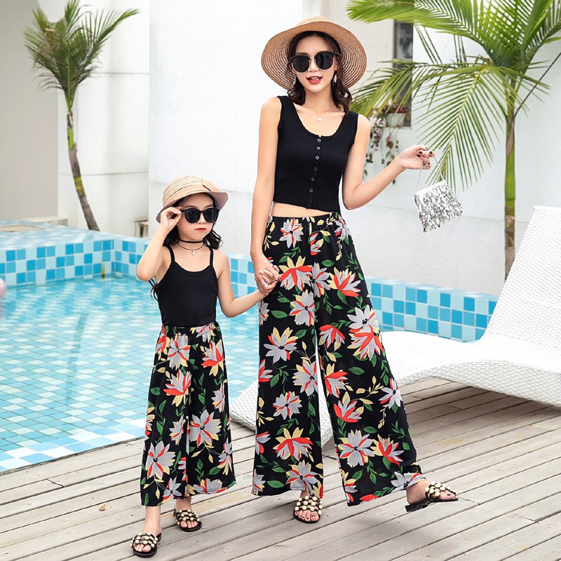 Family Matching Clothing Mother and Daughter Casual Floral Print Long Loose Pants Trousers