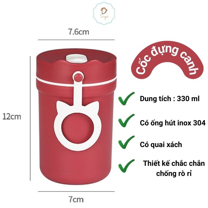 Cốc đựng canh cách nhiệt 2 lớp chống tràn có kèm theo ống hút và thìa