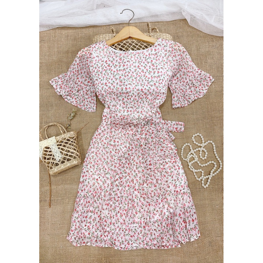 ĐẦM VÁY VOAN HOA NHÍ CỔ TRÒN TAY LỠ BÈO PHỐI CÁCH ĐIỆU  - Hình Shop Chụp Thật