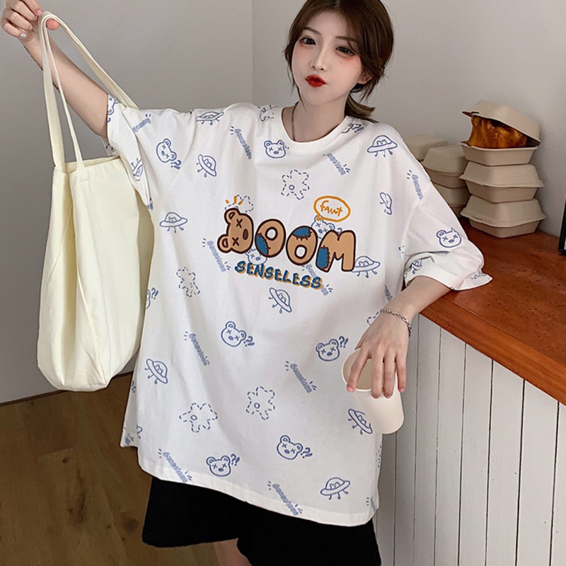 Áo Thun Ngắn Tay Dáng Rộng In Hình Gấu Kiểu Hàn Quốc Thời Trang Mùa Hè Cho Nữ