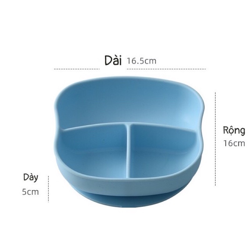 Khay ăn dặm silicon 3 ngăn có đế hút chân không tặng kèm thìa dĩa và ống hút cho bé