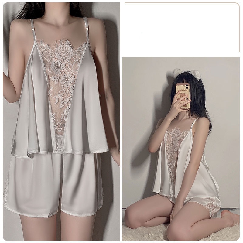 Bộ Đồ Ngủ Vải Satin Phối Ren Cổ Chữ V Plus Size Gợi Cảm Cho Bạn Gái