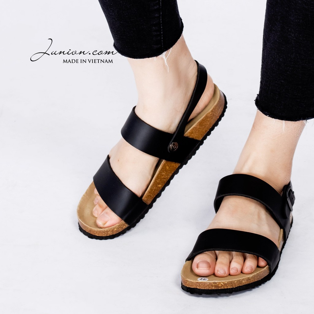 [VNXK] PU15 Đen - Dép sandal quai ngang Unisex da PU, đế trấu Bioline Birken - Xuất khẩu châu Âu - Juni Stor