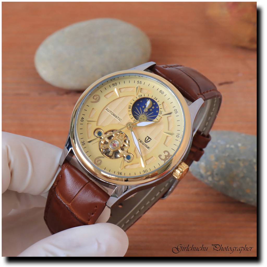 Đồng hồ cơ nam dây da cao cấp Tevise T820B-3 full box, mặt kính sapphire chống xước, chống nước, bảo hành 03 năm