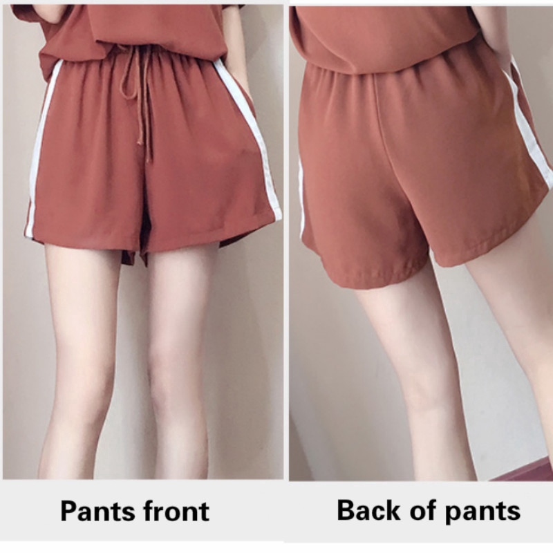 Set Áo Thun Ngắn Tay Cổ Chữ V + Quần Short Ống Rộng Thời Trang Thể Thao Cho Nữ