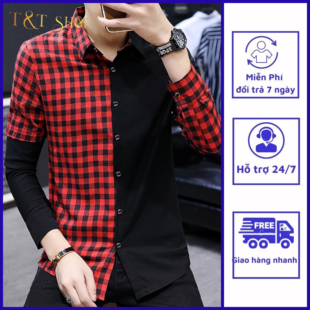 Áo Sơ Mi, Áo Sơ Mi Nam phối màu sọc caro, sáng ôm body, đặc sắc trẻ trung, lịch lãm nhưng không kém nam tính H38