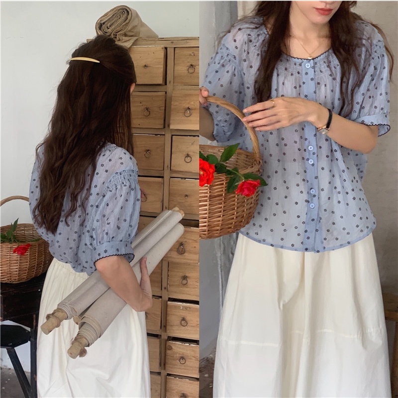 Áo Sơ Mi Ngắn Tay Nhẹ Nhàng Thoải Mái In Hoa Nhỏ Dễ Thương 53755