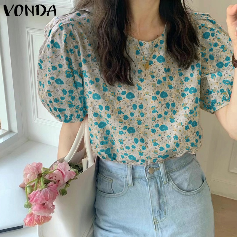 Áo kiểu VONDA tay phồng ngắn cổ tròn in hoa thời trang hè phong cách Hàn Quốc cho nữ