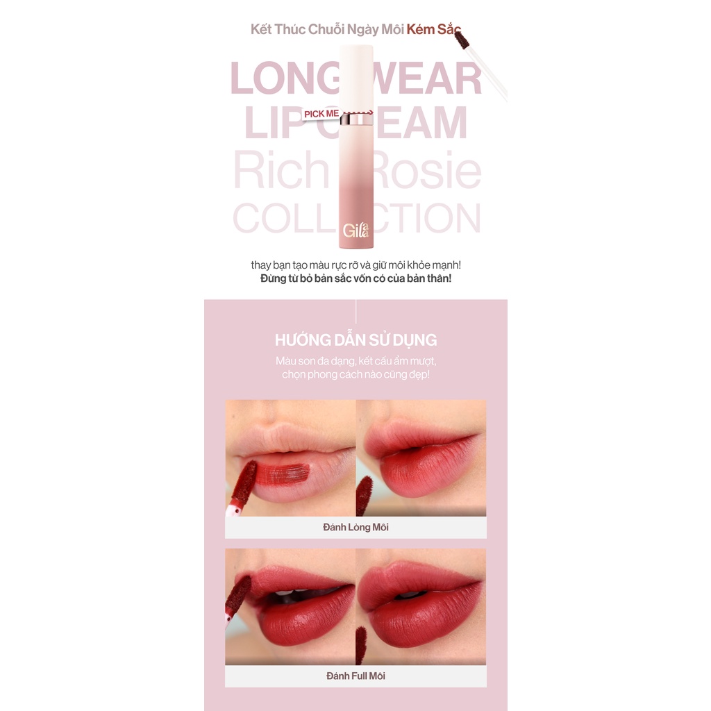 [TẶNG MẶT NẠ NHẬT BẢN] Son kem lì Gilaa long wear lip cream 2 rich rosie - version 2