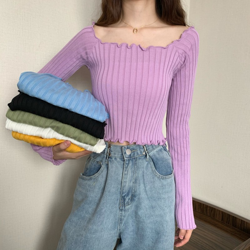 SUXI Áo Trễ Vai Tay Dài Màu Trơn Thiết Kế Quyến Rũ Hợp Thời Trang Cho Nữ