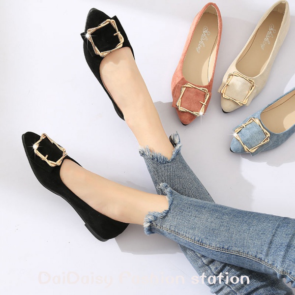 Daidaisy √♥ Giày Búp Bê Da Lộn Mũi Nhọn Khóa Vuông Kim Loại Thời Trang Xuân Thu 2022 Dành Cho Bạn Nữ