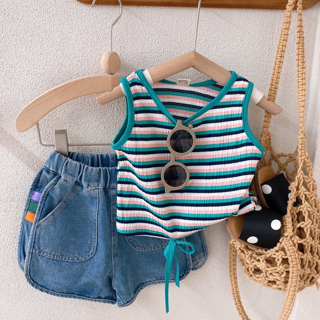 Set Áo Hai Dây Họa Tiết Kẻ Sọc Và Quần Short Denim Phong Cách Hàn Quốc Thời Trang Mùa Hè Cho Bé Gái