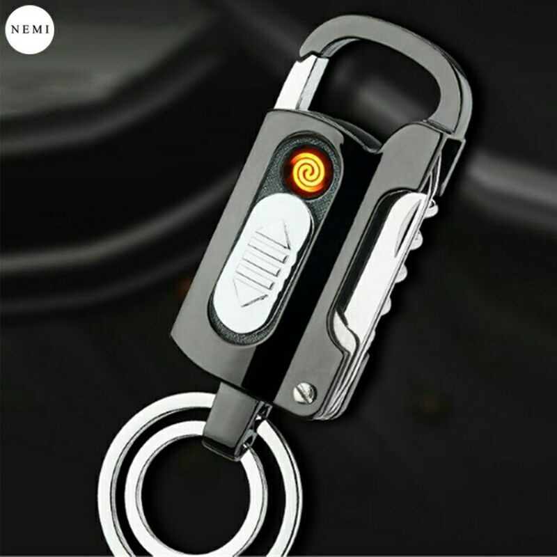 Quẹt điện móc khóa inox oto xe máy đa năng cao cấp có đèn pin