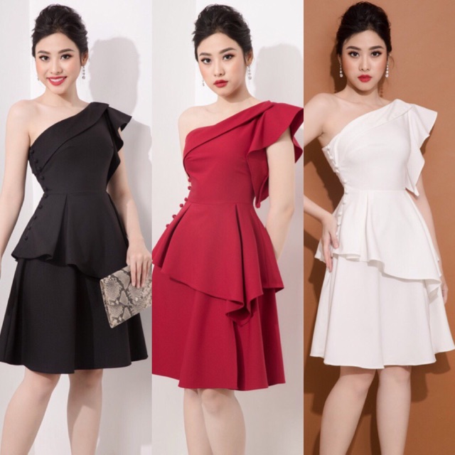 đầm xoè tay loa lệch vai cao cấp 3 màu đen, trắng, đỏ