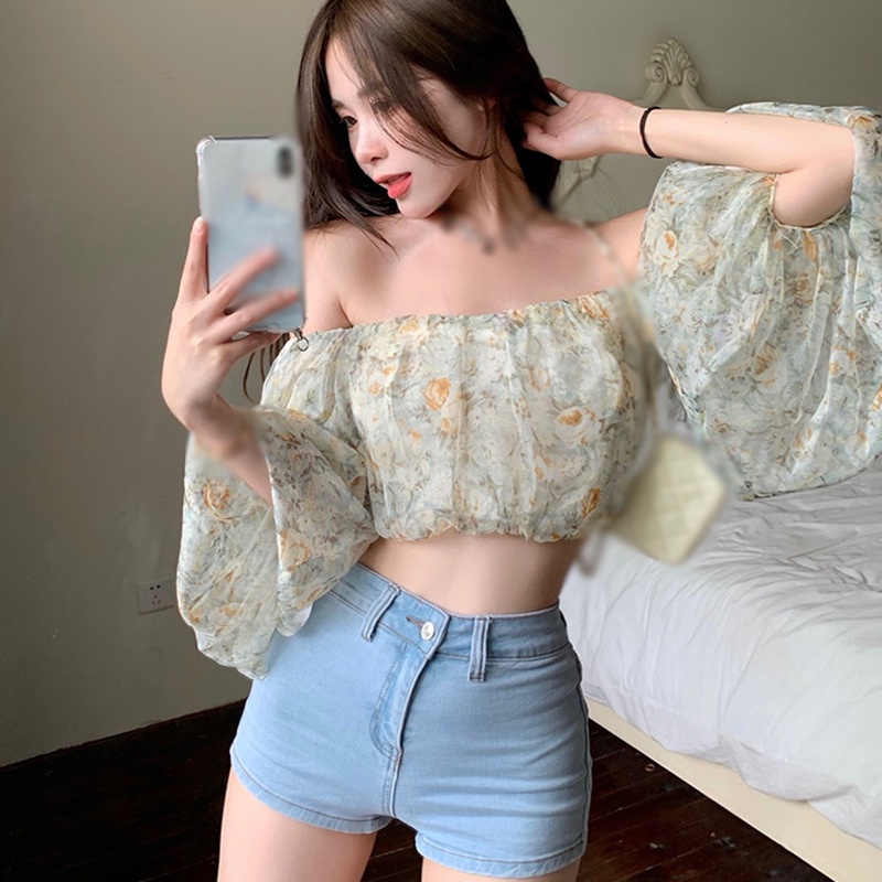 Áo Voan Trễ Vai Tay Loe In Họa Tiết Hoa Dễ Thương Dành Cho Nữ