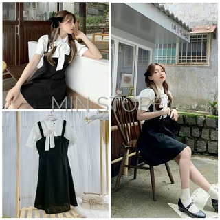 Set Váy Yếm Đen Nữ Áo Sơ Mi Nơ Ngực Dáng Xòe Tiểu Thư🦋 Set Áo Trắng Váy Nữ Cộc Tay Thanh Lịch_minstore