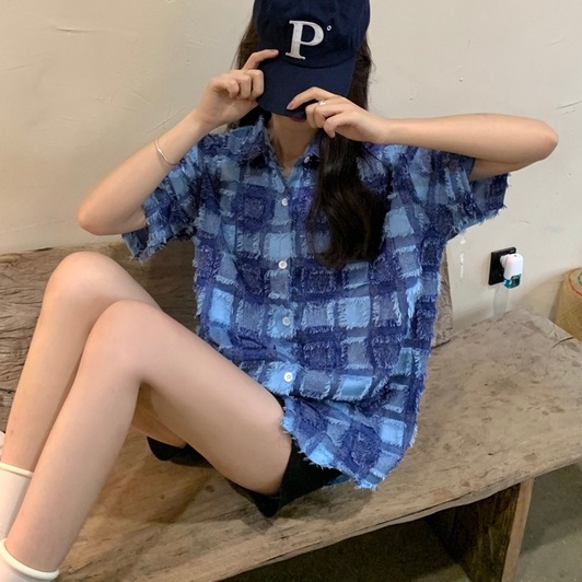 【ZHELIHANGFEI】Áo Sơ Mi Nữ Tay Ngắn Dáng Rộng Họa Tiết Caro Dễ Phối Đồ