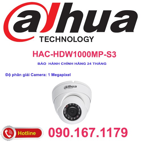 Camera HDCVI/HDTVI/AHD/Analog Dome hồng ngoại 1.0 Megapixel DAHUA HAC-HDW1000MP-S3