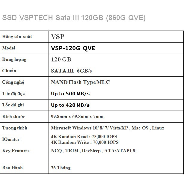 Ổ cứng SSD VSPTECH 860G QVE dung lượng 120GB - tốc độ ghi 420MB/s đọc 500MB/s (Đen)