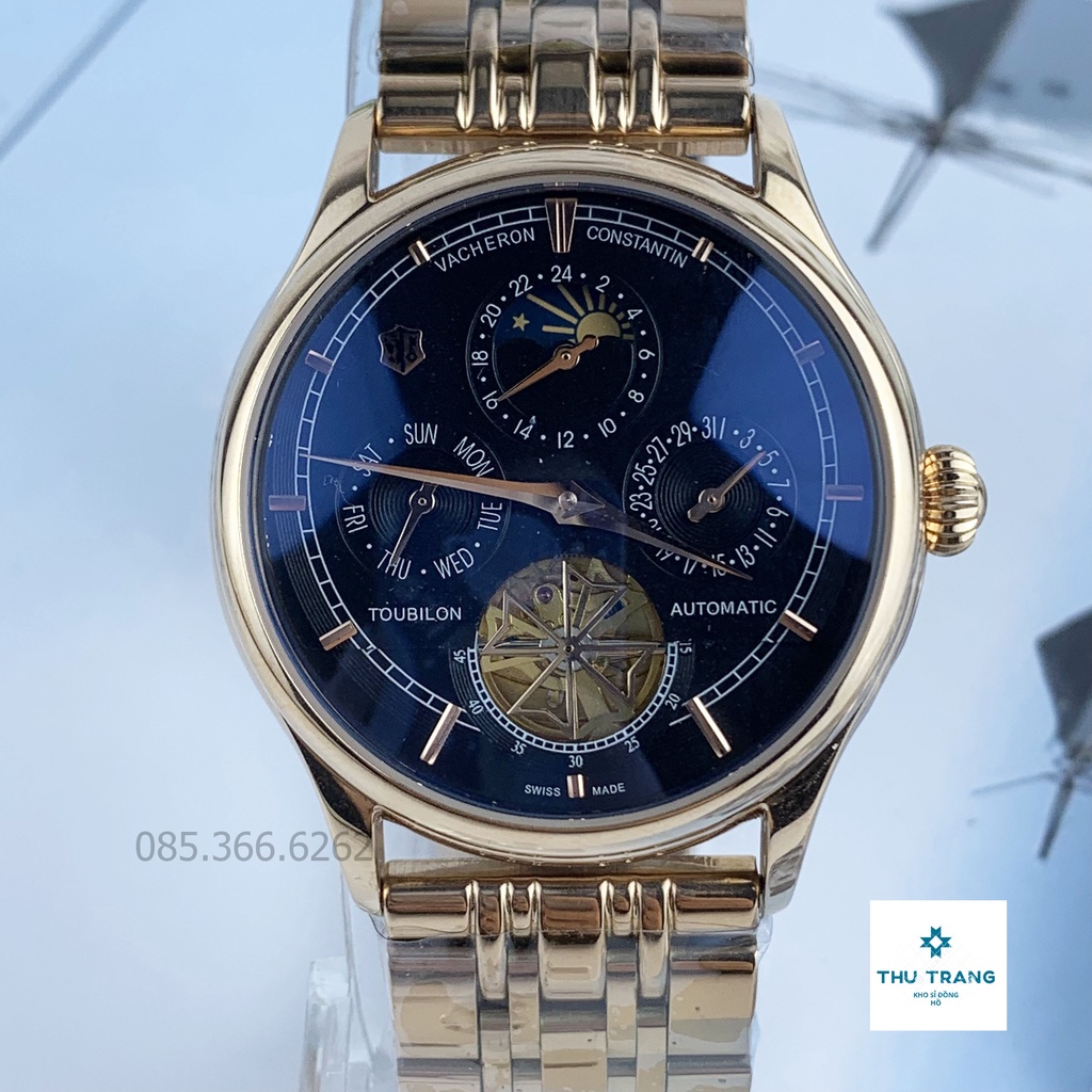 Đồng hồ Nam đồng hồ cơ máy nhật, mẫu 5 kim lộ cơ cánh khế mặt đen viền vàng size 40mm