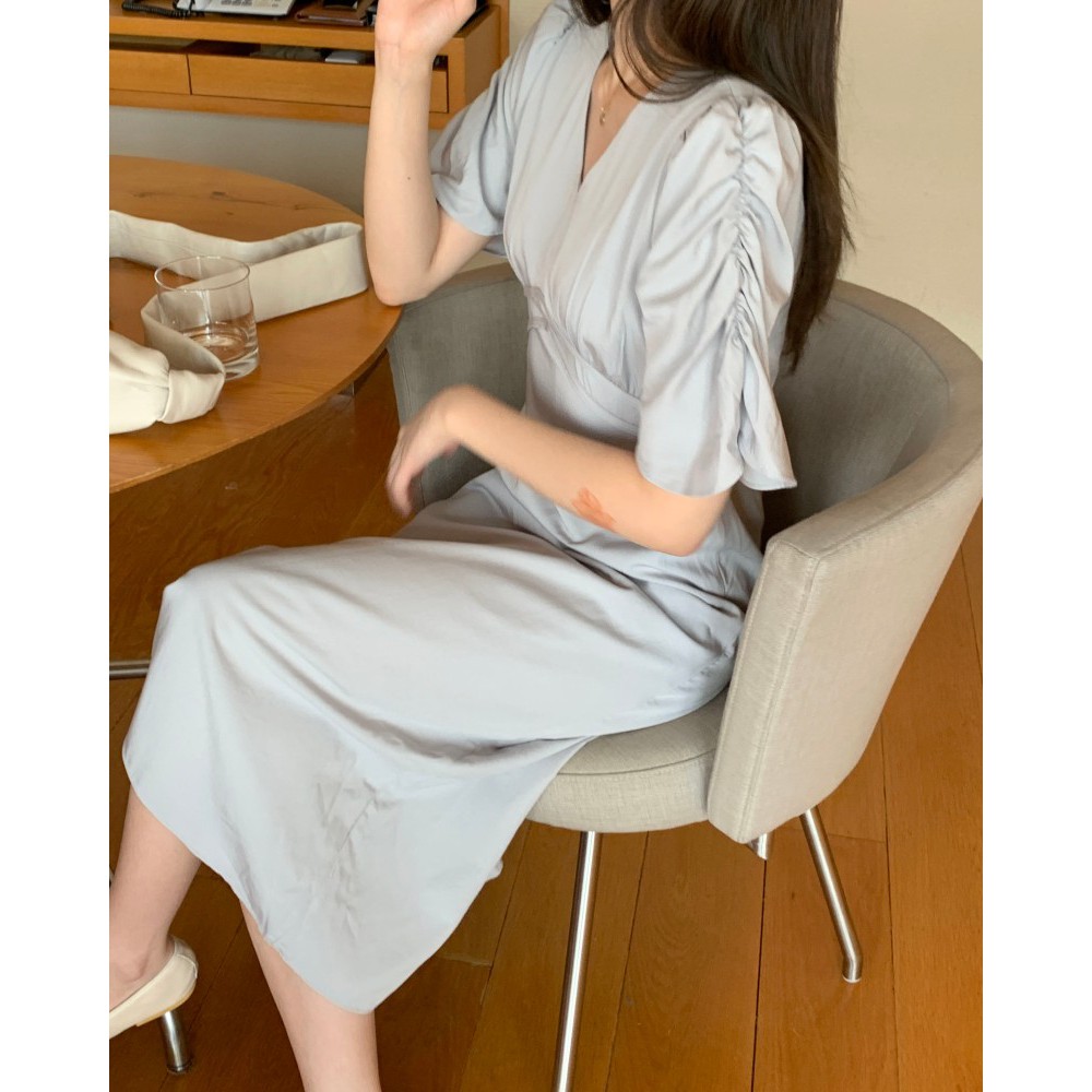 Đầm dáng dài Peppermint 42646 tay ngắn cổ chữ V phong cách Hàn Quốc thời trang cho nữ