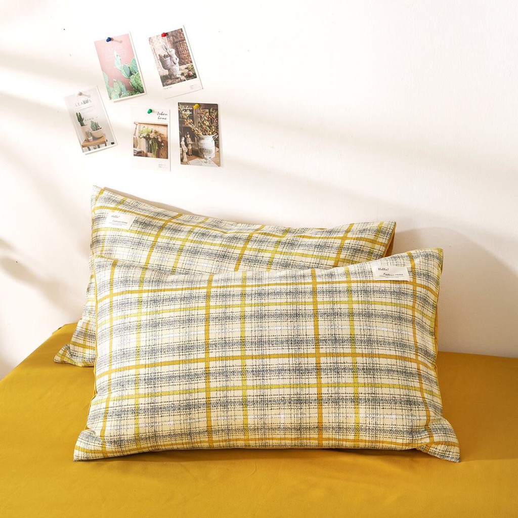 Set Chăn Ga Kẻ COTTON TC Mềm Mại Cực Sang Chảnh - Mẫu Kẻ Vàng Đen Xước