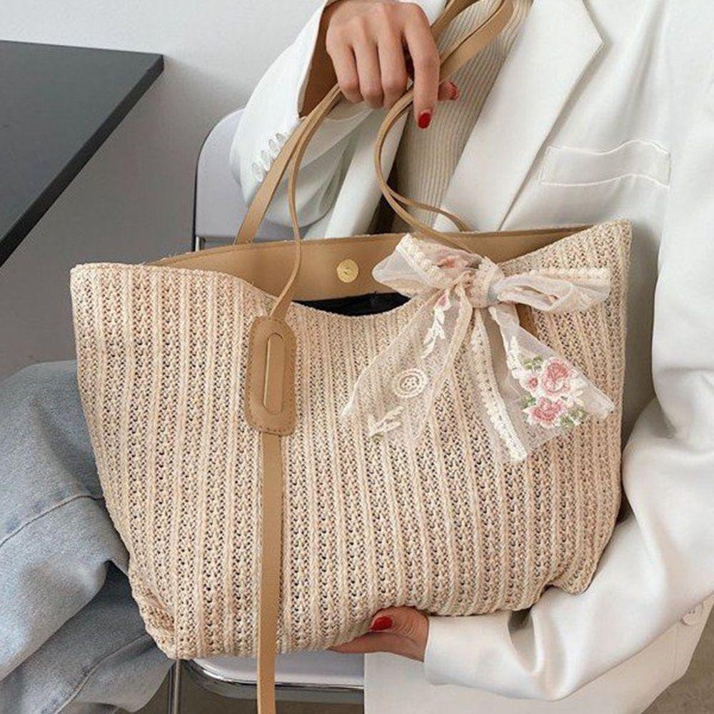 1 Túi Xách Đeo Vai Vải Dệt Phối Ren Cỡ Lớn Phong Cách Vintage Thời Trang Mùa Hè
