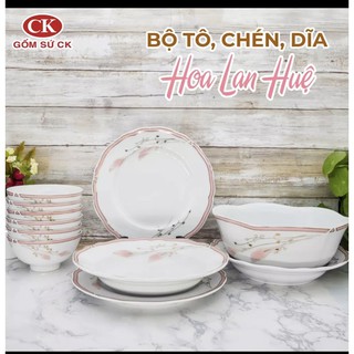 Bộ 10 món bát đĩa sứ  hoa lan huệ viền vàng - Hàng gốm sứ cao cấp CK