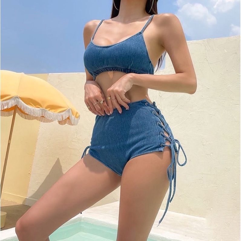 {Kèm ảnh thật}Bikini xanh jean MỚI (chất thun bikini)