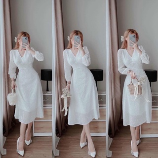  Đầm Dáng Xòe ❤️FREESHIP❤️ Cổ Tim Tay Phồng Dài Ren Đính Hạt Xinh Xắn 