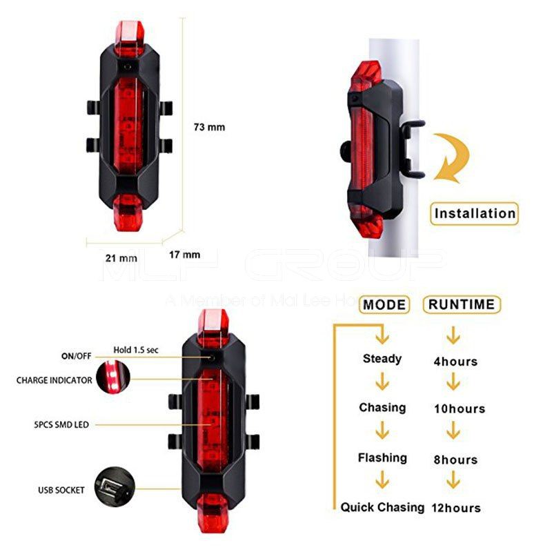 Đèn pha LED xe đạp siêu sáng T6 và đèn hậu LED (màu đỏ) cảnh báo giúp đạp xe an toàn ban đêm nhiều chế độ MLH