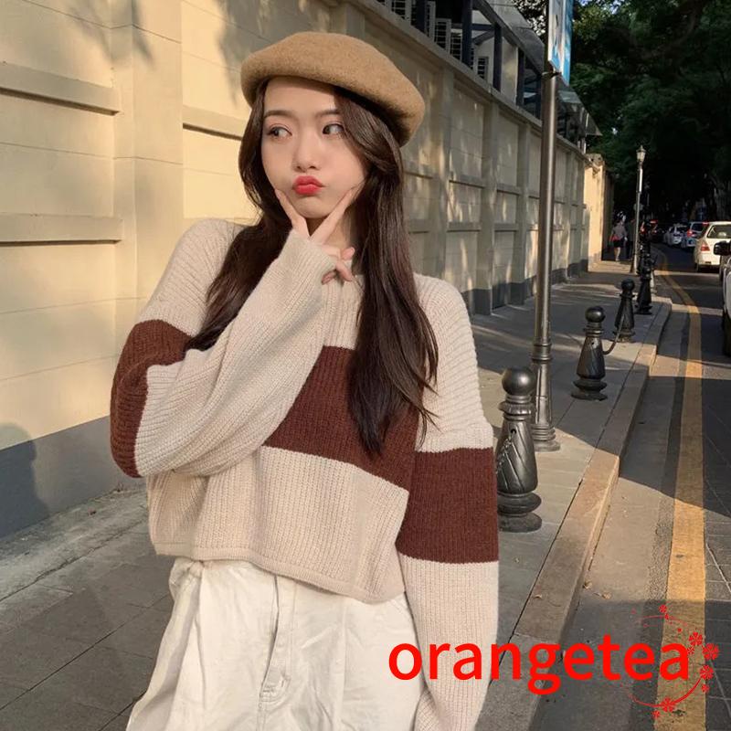 Áo Sweater Dệt Kim Tay Dài Cổ Tròn Dáng Rộng Màu Tương Phản Thời Trang Mùa Thu Cho Nữ
