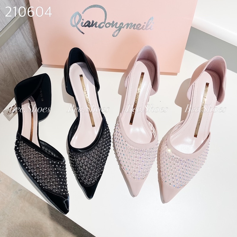 BEESHOES - GIÀY CAO GÓT BEESHOES LƯỚI ĐÍNH ĐÁ SIÊU XINH SẴN MÀU ĐEN HÔNG 210604