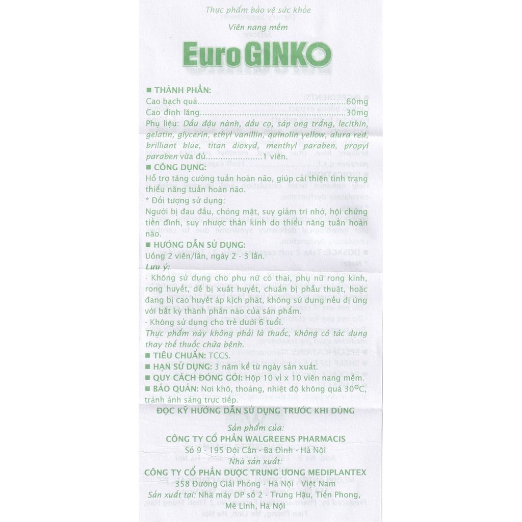 Bổ não EURO GINKO giúpt ăng tuần hoàn não, iảm nguy cơ di chứng sau tai biến mạch máu não ( Hộp 100 viên) | BigBuy360 - bigbuy360.vn