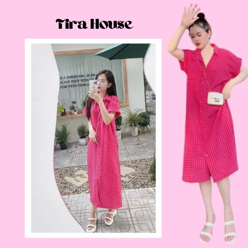 Váy sơ mi hồng họa tiết kẻ caro đỏ dáng suông tay hến gập hot hit, bầu bí bon chen thoải mái