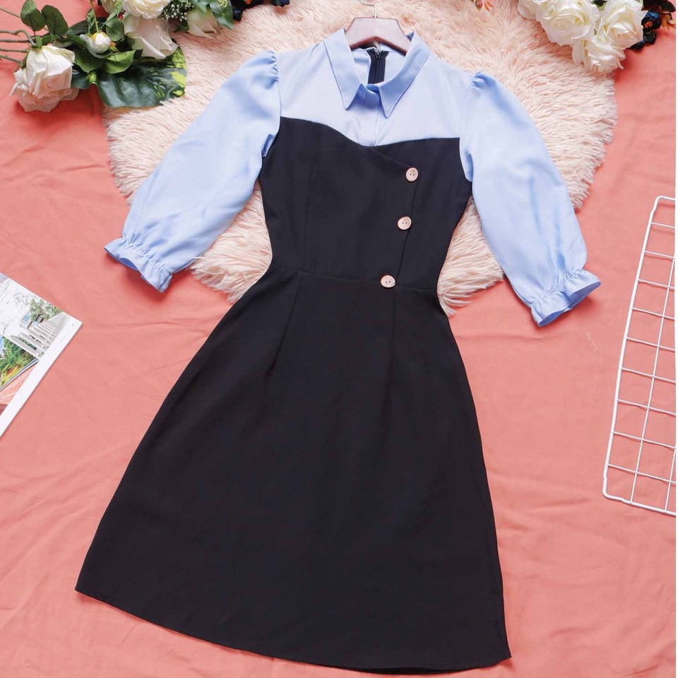 Đầm sơ mi công sở đen phối tay xanh thiết kế xinh trẻ trung dáng chữ a eo tôn dáng thời trang phù hợp đi làm đi chơi