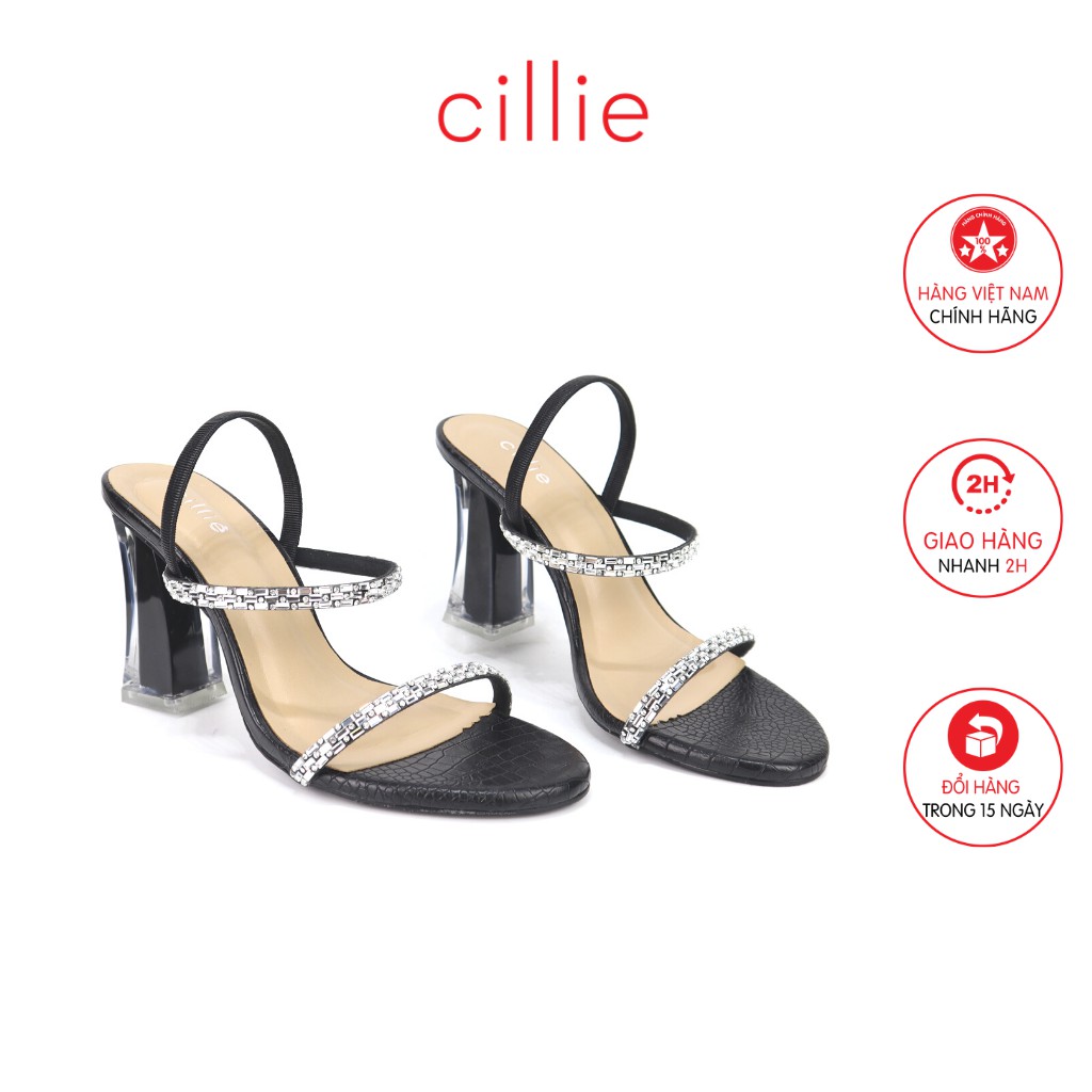 Giày sandal cao gót nữ mũi tròn basic quai ngang đính đá sang trọng gót trong độc đáo cao 9cm đi tiệc Cillie 1229