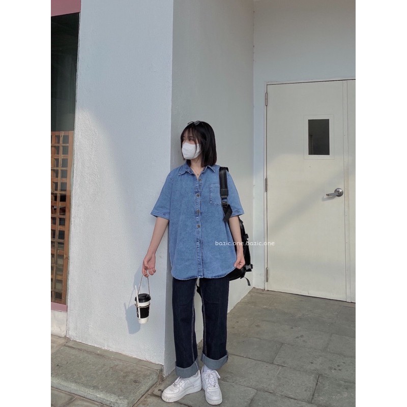 Áo sơ mi denim 1 túi, sơ mi bò cộc tay 1 túi Bazic one | BigBuy360 - bigbuy360.vn