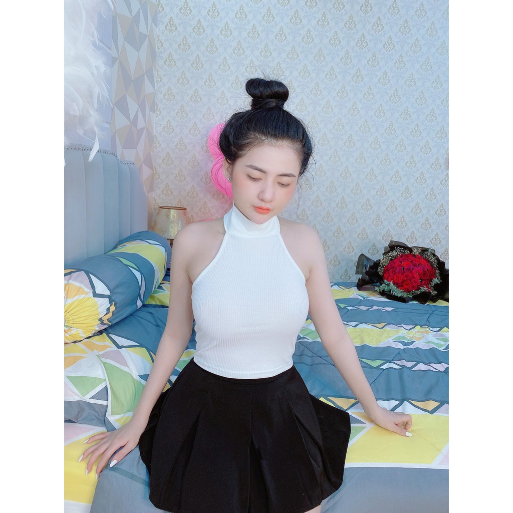áo yếm croptop cổ cao cài nút sau xinh thun gân đẹp