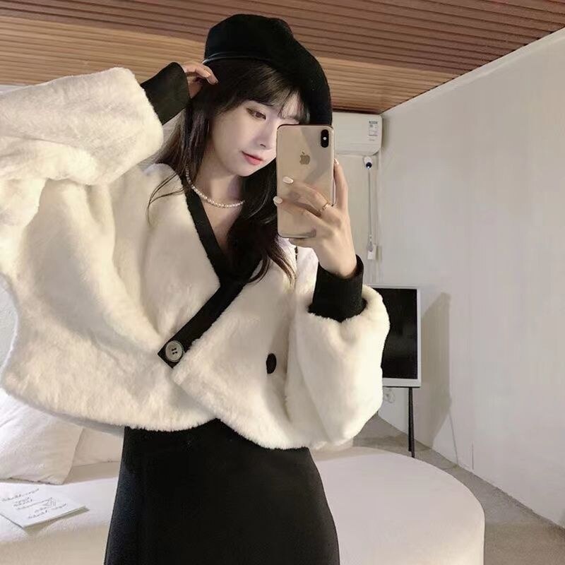 Áo khoác vải nhung dày thời trang cho nữ dệt kim dạ croptop lông thỏ dáng ngắn Khoác lông trắng áo choàng cardigan cánh dơi lông cừu croptop