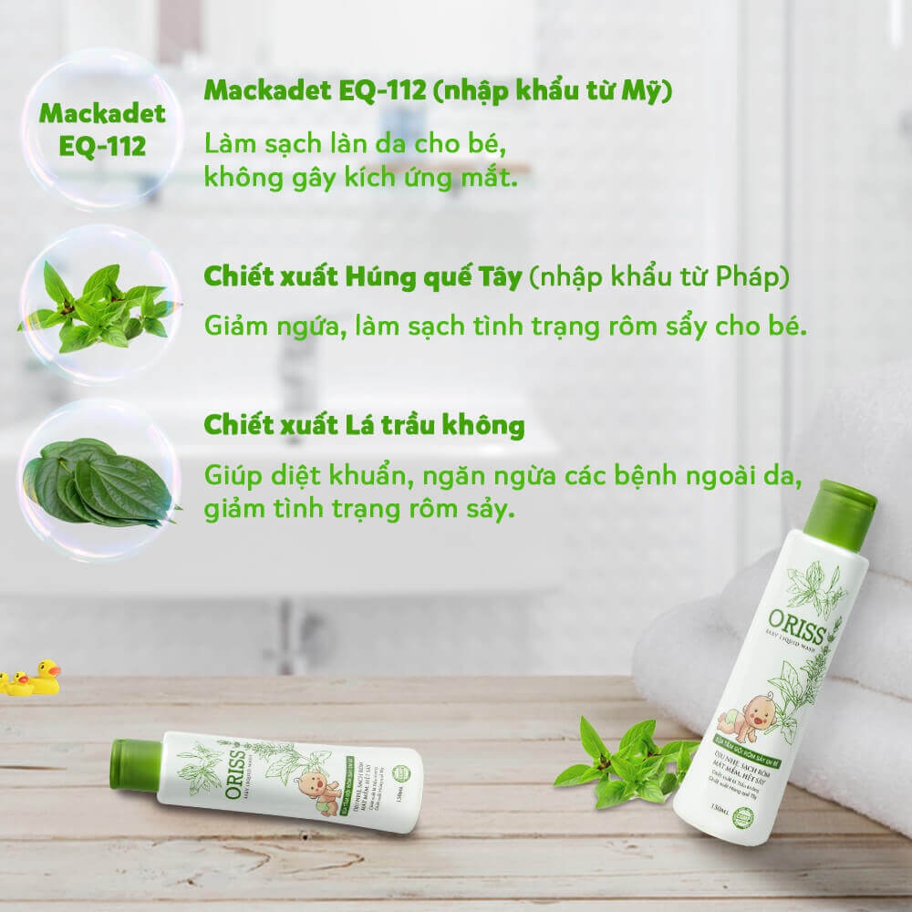 Sữa Tắm Gội Rôm Sẩy Em Bé Oriss Baby Liquid Wash Không Cay Mắt - Chai 150ml